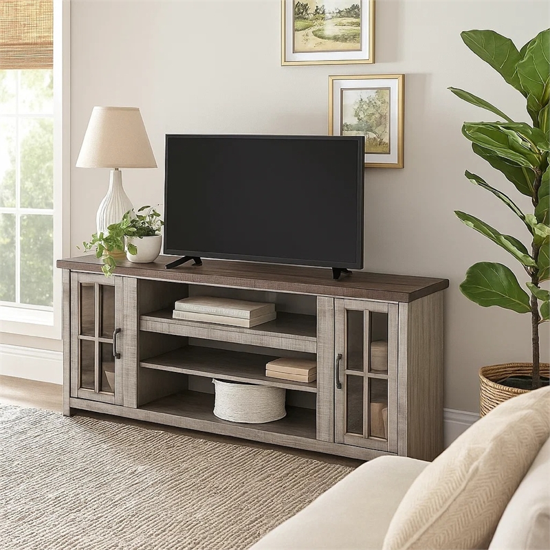 Benjara Leyla TV Stand Media Cabinet- 2 Doors- Shelves- Gray-Brown Wood 76 Inch