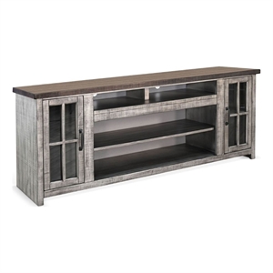 Benjara Leyla TV Stand Media Cabinet- 2 Doors- Shelves- Gray-Brown Wood 76 Inch