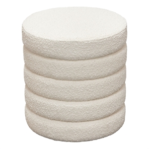 Benjara Accent Ottoman- 17 Inch- Ivory Boucle Upholstery- Round Stacked Design
