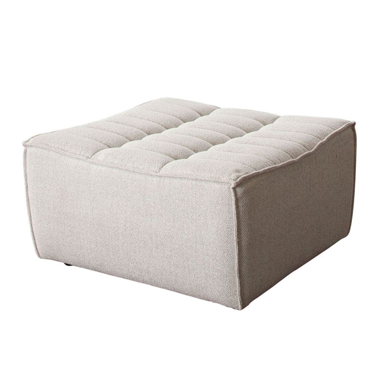 Benjara Ema Ottoman- Sand Beige Fabric- 31 Inch- Scooped Seat w Grid Tufting