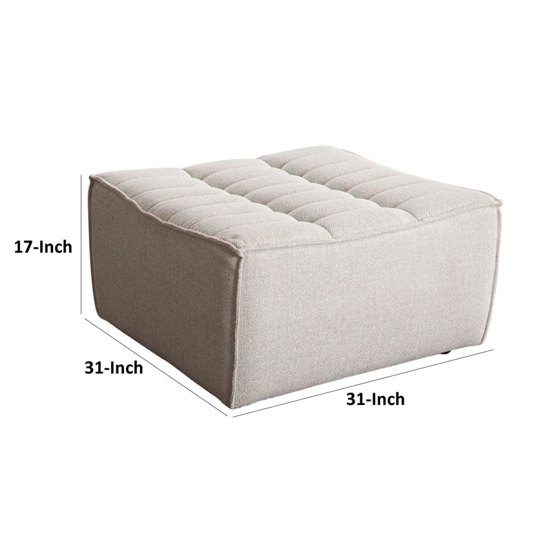 Benjara Ema Ottoman- Sand Beige Fabric- 31 Inch- Scooped Seat w Grid Tufting