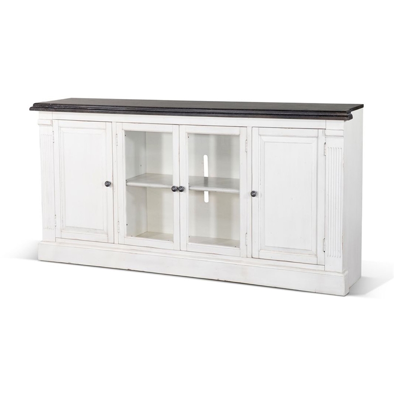 Benjara Ivvy TV Stand Media Cabinet- Shelves- White Brown Wood Molding- 81 Inch