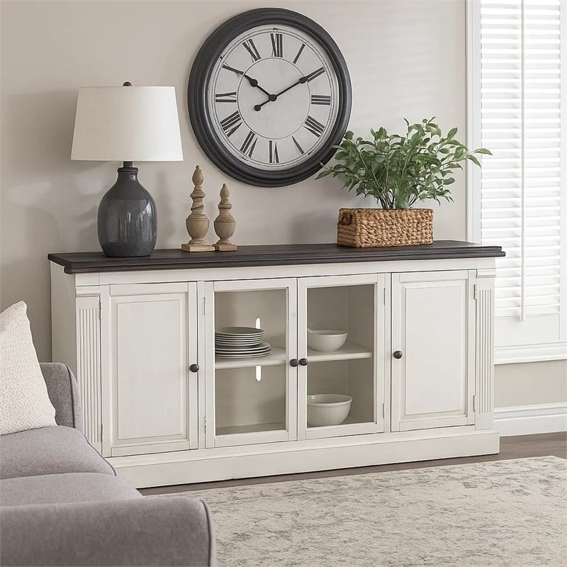 Benjara Ivvy TV Stand Media Cabinet- Shelves- White Brown Wood Molding- 81 Inch
