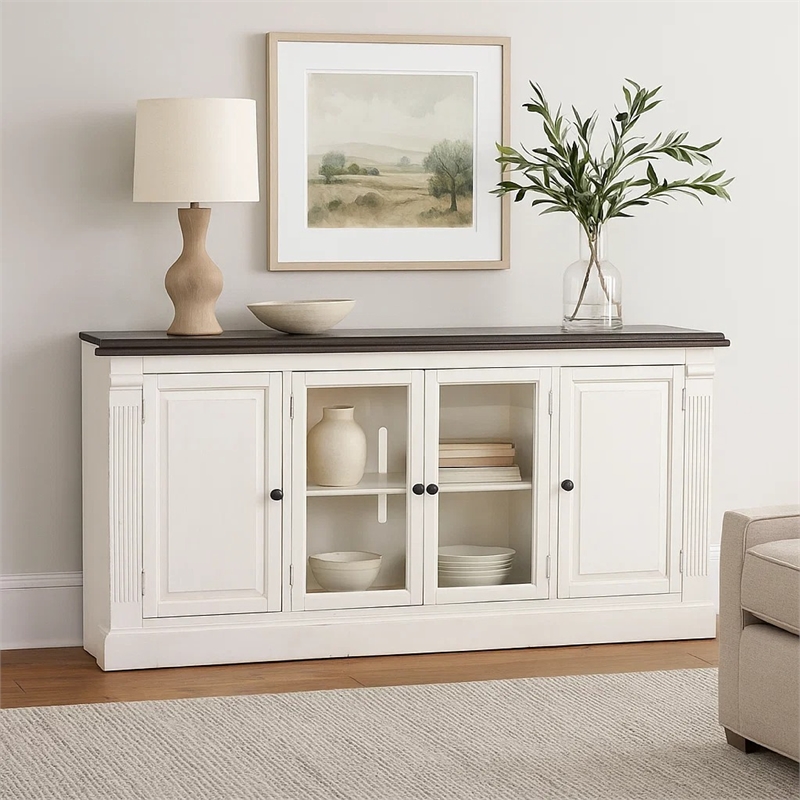 Benjara Ivvy TV Stand Media Cabinet- Shelves- White Brown Wood Molding- 81 Inch