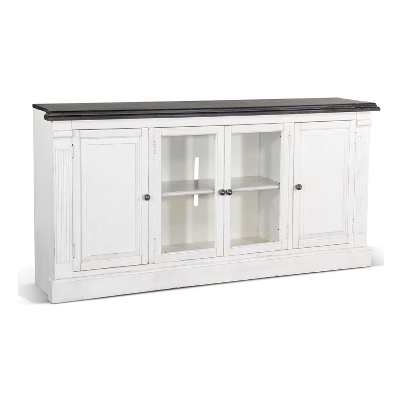 Benjara Ivvy TV Stand Media Cabinet- Shelves- White Brown Wood Molding- 81 Inch