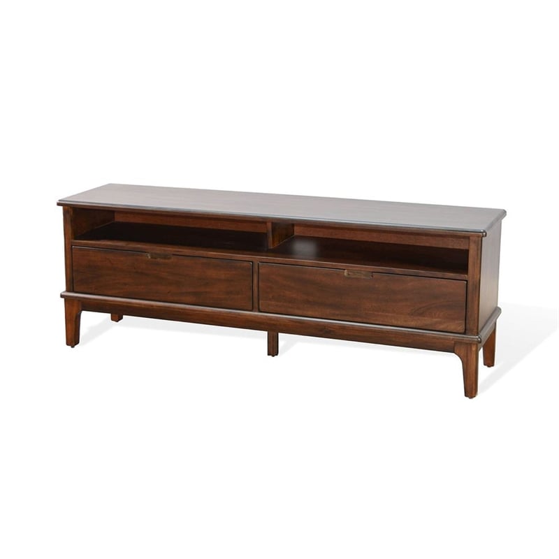 Benjara West TV Stand Media Cabinet- Open Shelves- Brown Mahogany Wood- 64 Inch