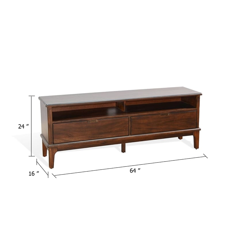 Benjara West TV Stand Media Cabinet- Open Shelves- Brown Mahogany Wood- 64 Inch