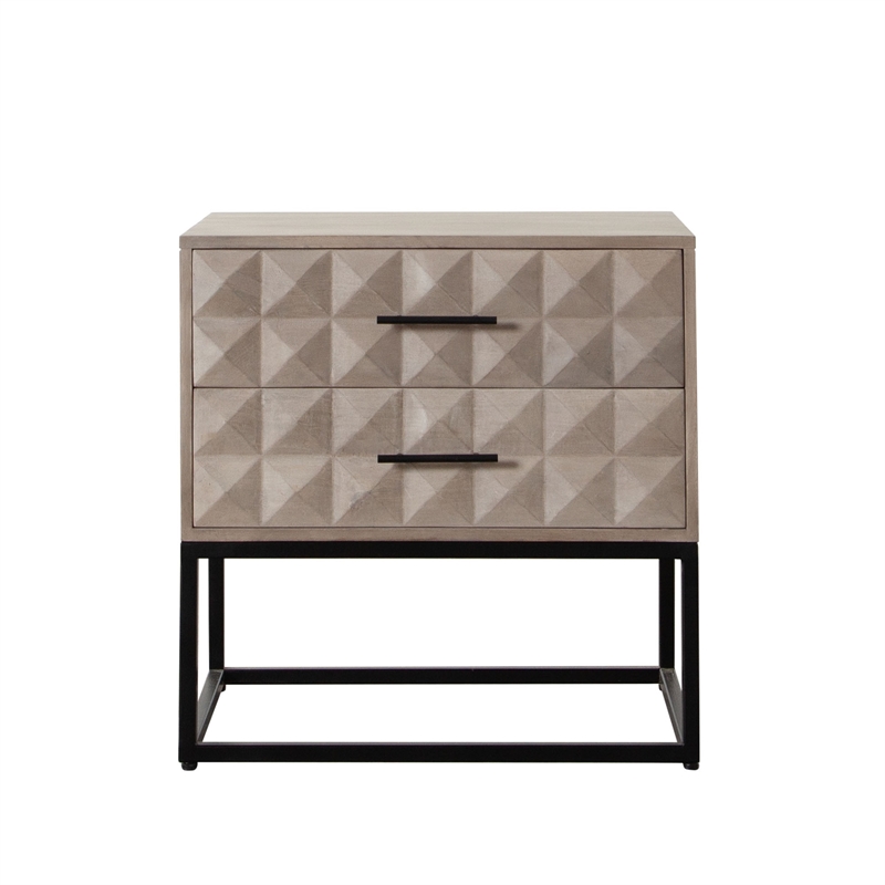 Benjara Zoe End Table Nightstand- Ash Gray Carved Fronts- Black Metal Base