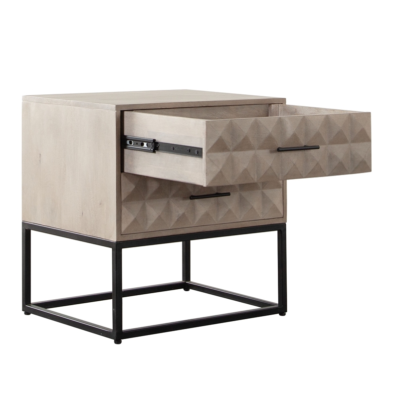 Benjara Zoe End Table Nightstand- Ash Gray Carved Fronts- Black Metal Base