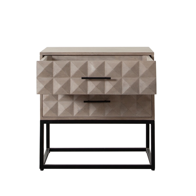 Benjara Zoe End Table Nightstand- Ash Gray Carved Fronts- Black Metal Base