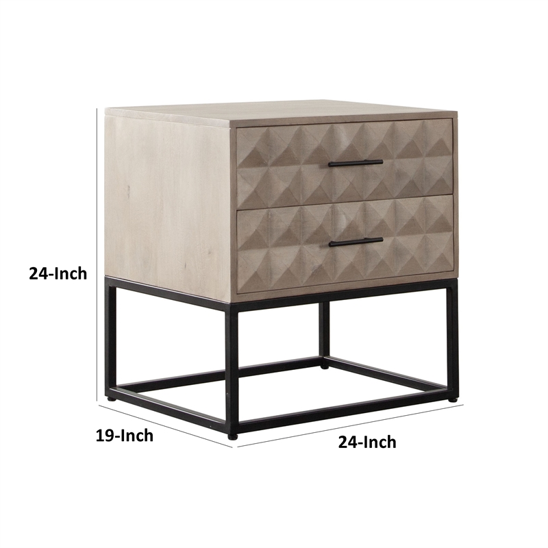 Benjara Zoe End Table Nightstand- Ash Gray Carved Fronts- Black Metal Base