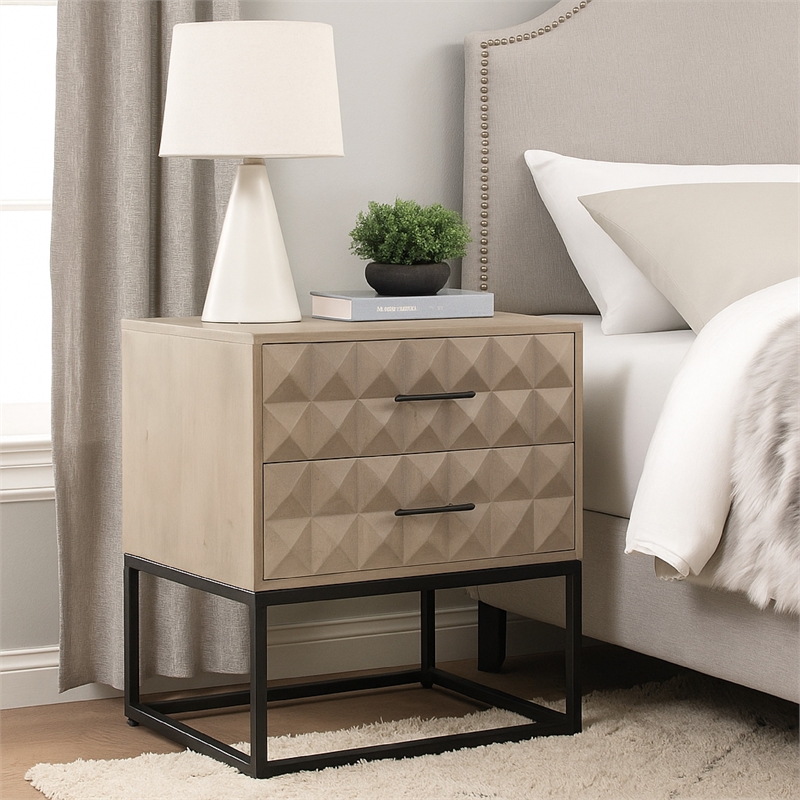 Benjara Zoe End Table Nightstand- Ash Gray Carved Fronts- Black Metal Base