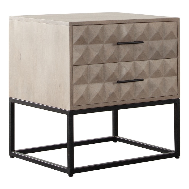 Benjara Zoe End Table Nightstand- Ash Gray Carved Fronts- Black Metal Base