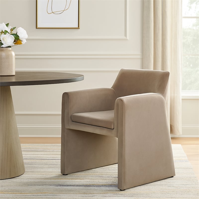 Benjara Fena Accent Dining Chair- Light Camel Brown Velvet- Low Back