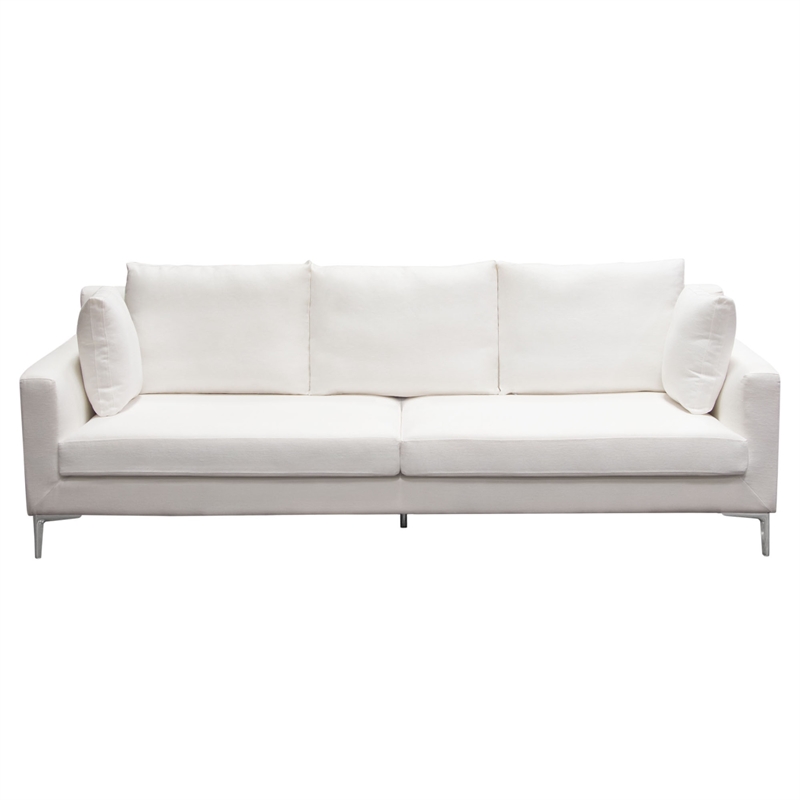 Benjara Boa Sofa- 2 Throw Pillows- Modern Loose Back White Linen 95 Inch