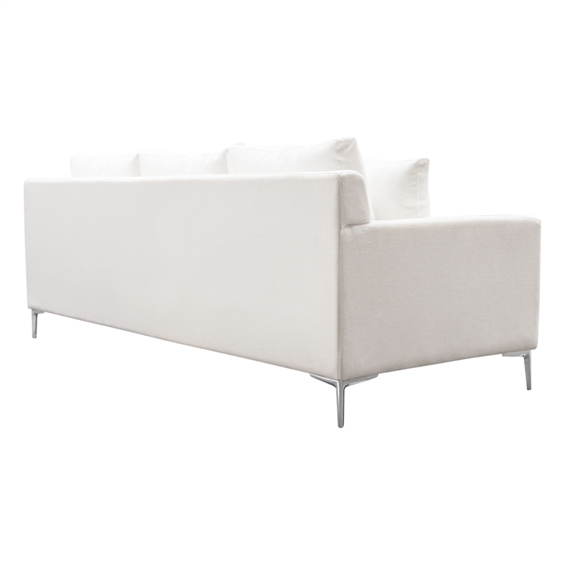 Benjara Boa Sofa- 2 Throw Pillows- Modern Loose Back White Linen 95 Inch