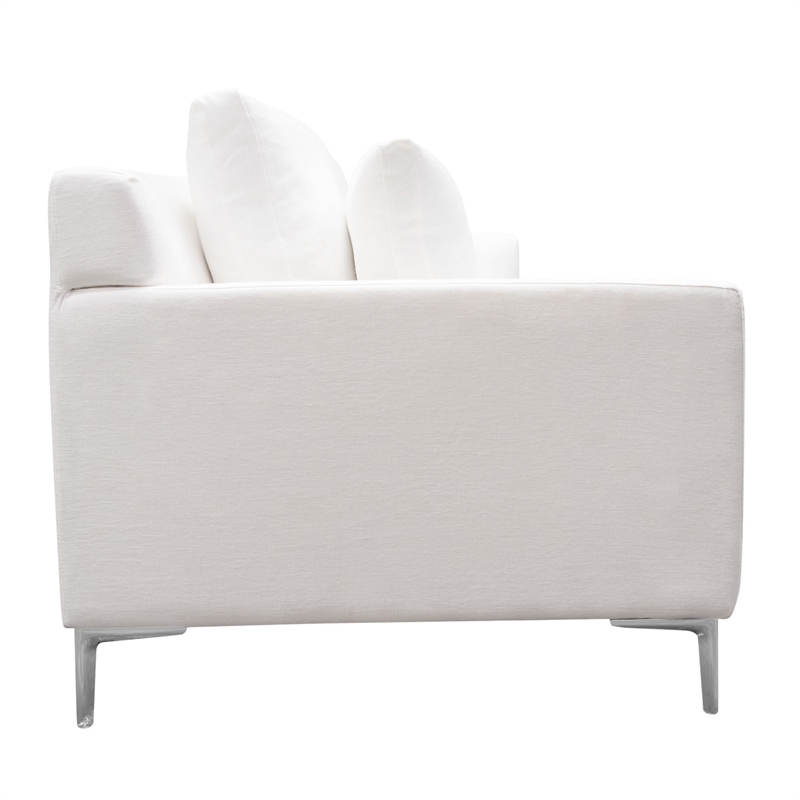 Benjara Boa Sofa- 2 Throw Pillows- Modern Loose Back White Linen 95 Inch