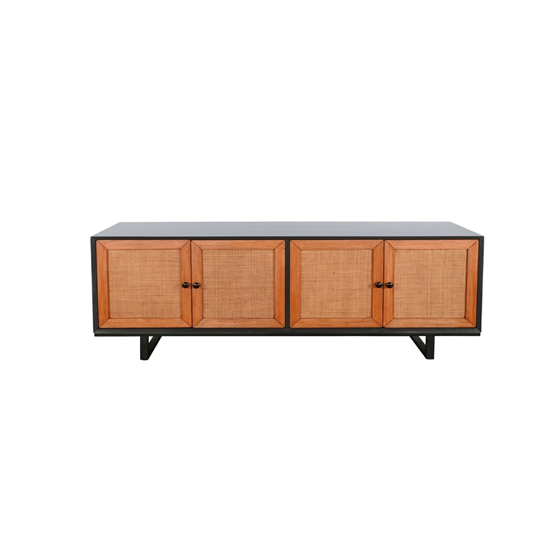 Benjara Addy Sideboard Accent Cabinet-4 Natural Woven Cane Doors-Black Mahogany