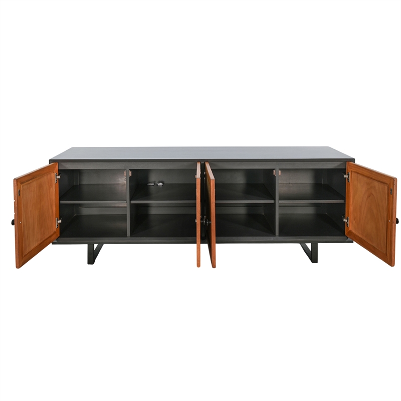 Benjara Addy Sideboard Accent Cabinet-4 Natural Woven Cane Doors-Black Mahogany