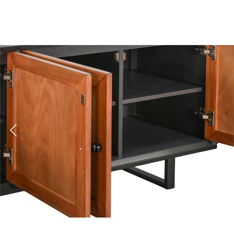 Benjara Addy Sideboard Accent Cabinet-4 Natural Woven Cane Doors-Black Mahogany