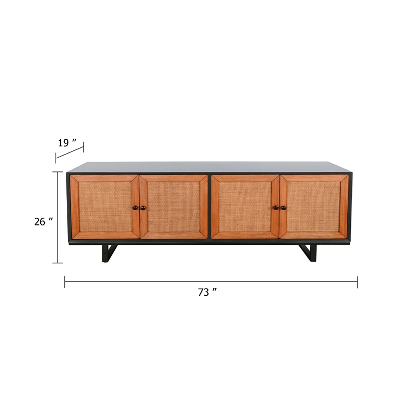 Benjara Addy Sideboard Accent Cabinet-4 Natural Woven Cane Doors-Black Mahogany