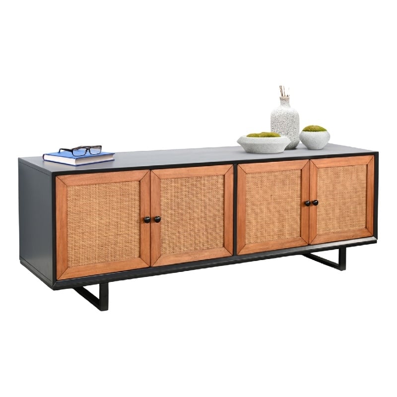 Benjara Addy Sideboard Accent Cabinet-4 Natural Woven Cane Doors-Black Mahogany