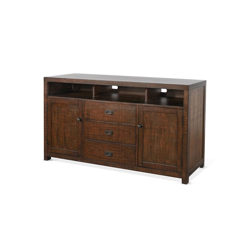 Benjara Raven TV Stand Media Cabinet- Brown Mahogany Wood 66 Inch