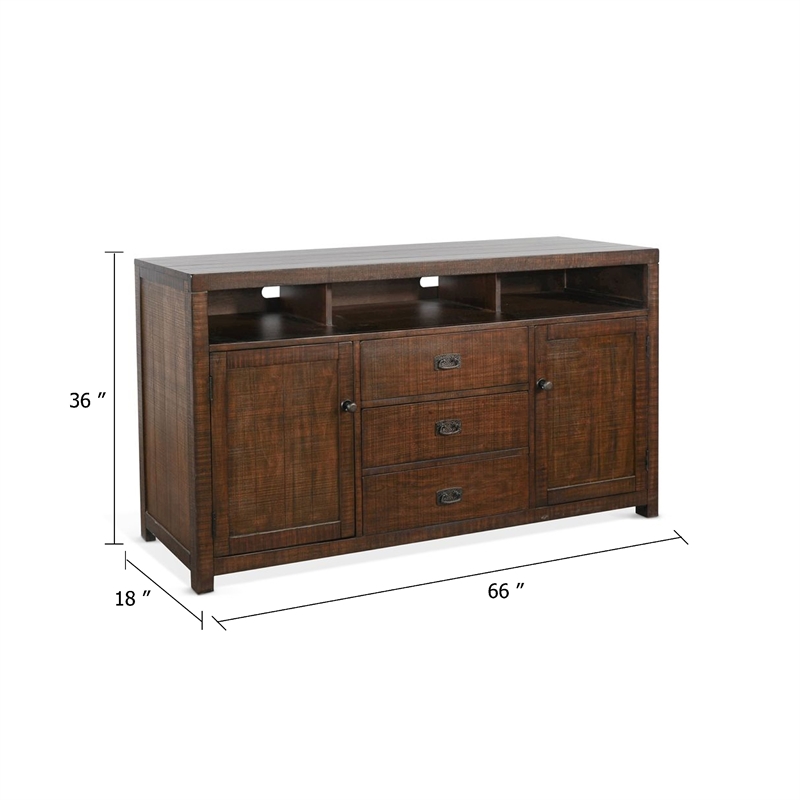 Benjara Raven TV Stand Media Cabinet- Brown Mahogany Wood 66 Inch