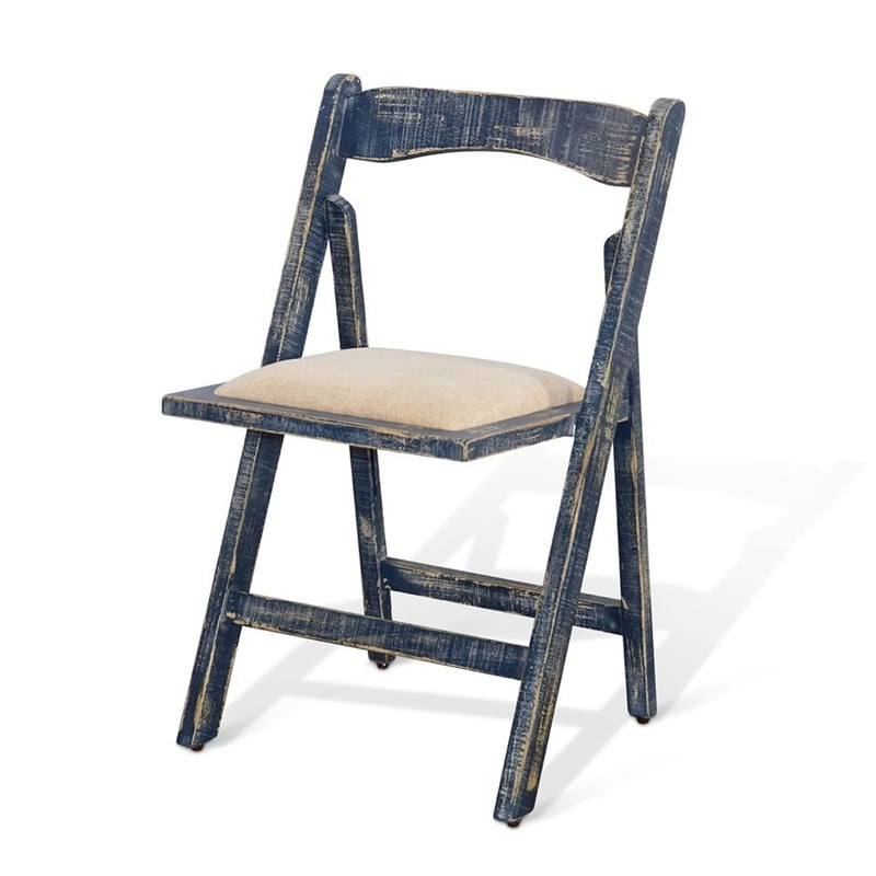 Benjara Shen Folding Dining Chair Set of 2- Ocean Blue Frame- Beige Cushion