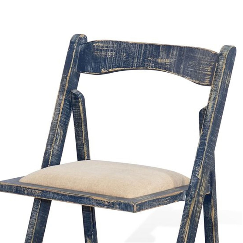 Benjara Shen Folding Dining Chair Set of 2- Ocean Blue Frame- Beige Cushion