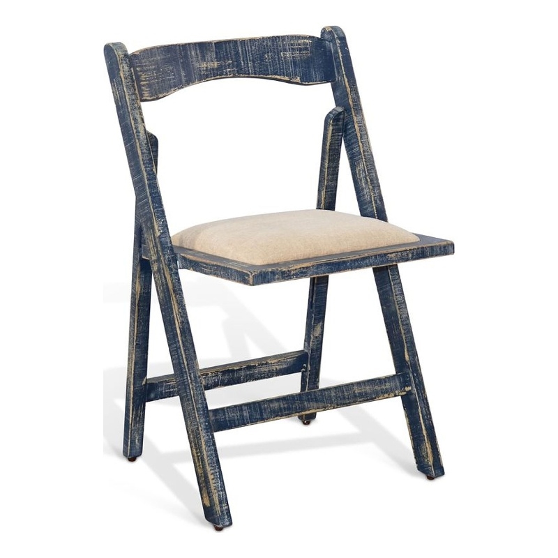 Benjara Shen Folding Dining Chair Set of 2- Ocean Blue Frame- Beige Cushion