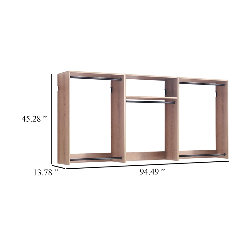 Benjara Vedz Wall Mount Closet Set- Center Shelf 5 Hanging Rods- Oak Brown