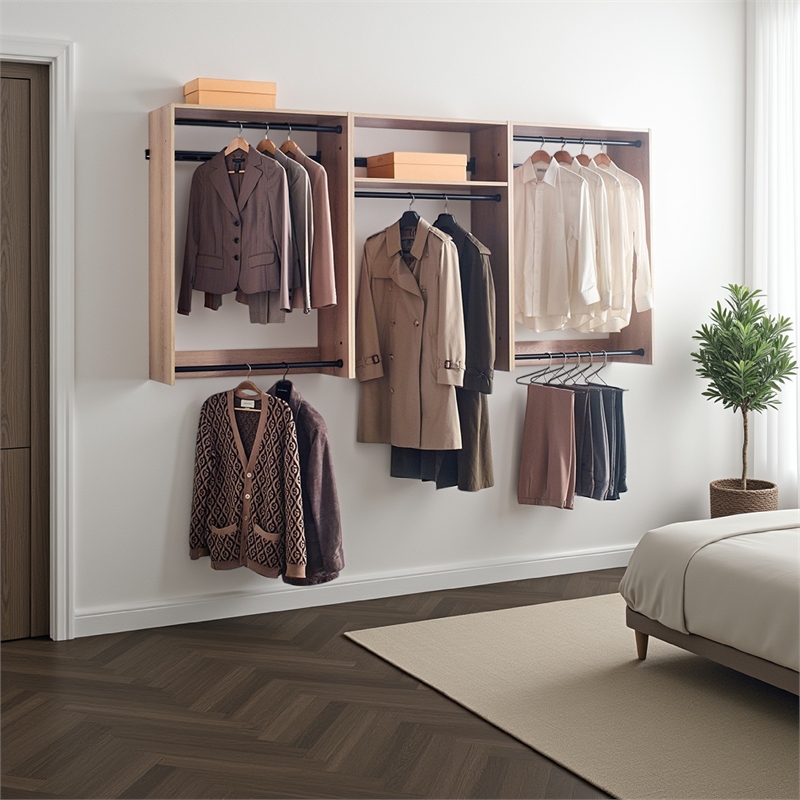 Benjara Vedz Wall Mount Closet Set- Center Shelf 5 Hanging Rods- Oak Brown