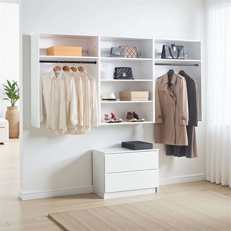 Benjara Vedz Walk in Closet w 2 Drawers- 6 Shelves- 2 Hanging Rods- White Wood