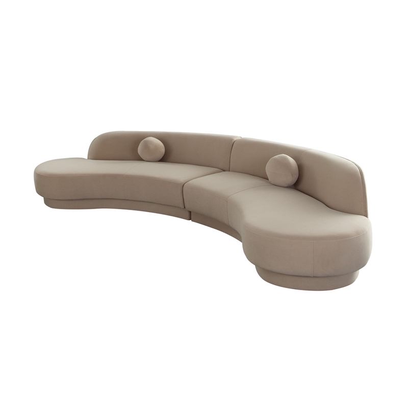 Benjara Zema 2 PC Sofa-Curved Modular Design-Camel Brown Fabric-2 Ball Pillows