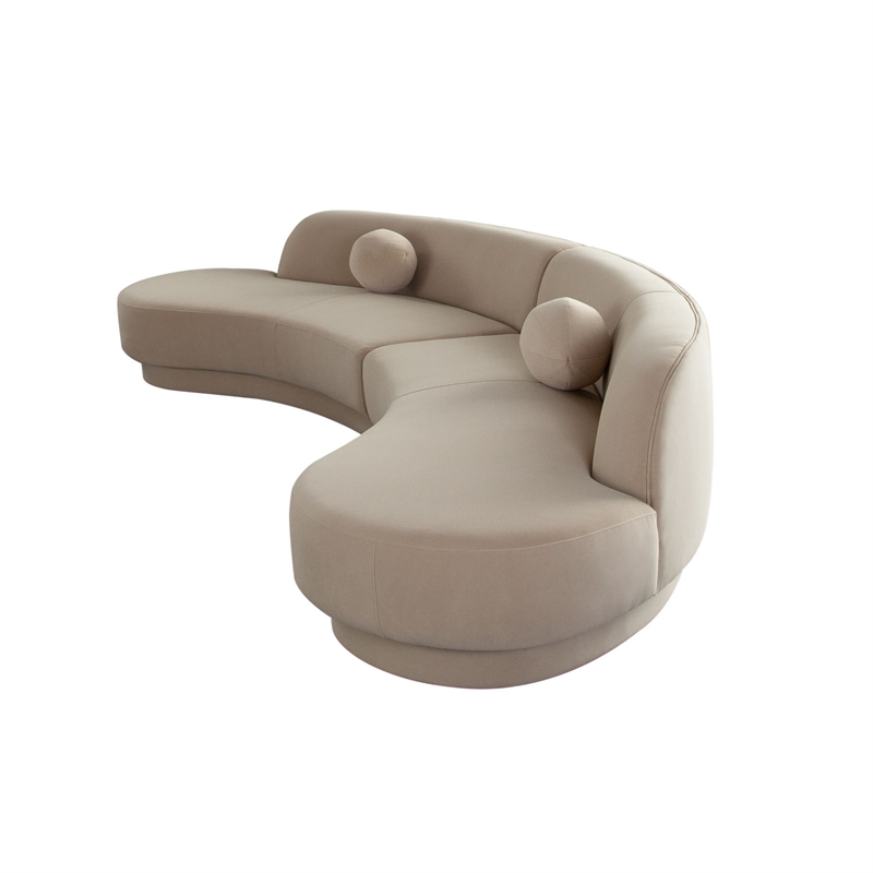 Benjara Zema 2 PC Sofa-Curved Modular Design-Camel Brown Fabric-2 Ball Pillows