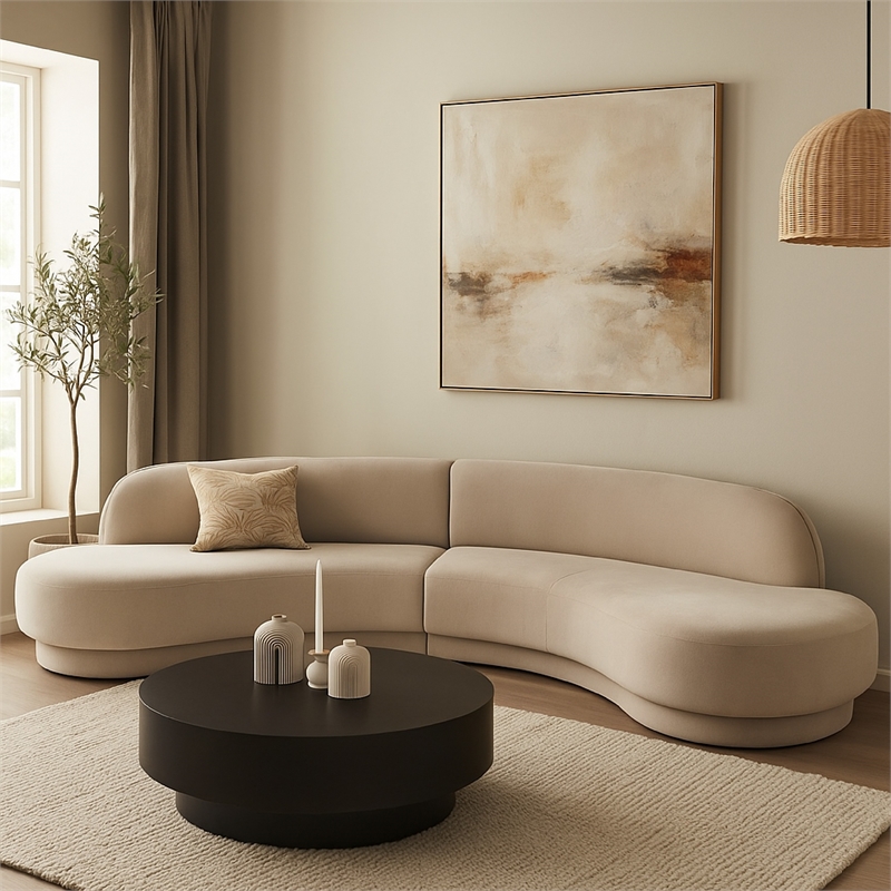Benjara Zema 2 PC Sofa-Curved Modular Design-Camel Brown Fabric-2 Ball Pillows