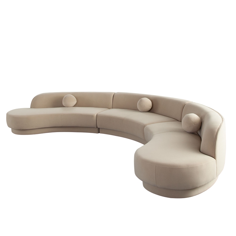 Benjara Zema 3 PC Sofa-Curved Modular Design-Camel Brown Fabric-3 Ball Pillows