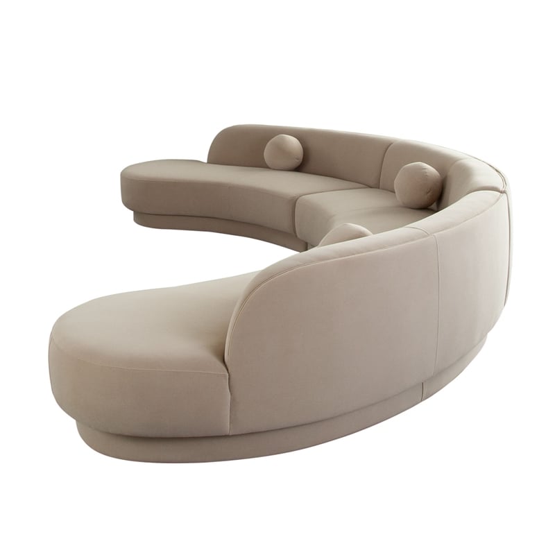 Benjara Zema 3 PC Sofa-Curved Modular Design-Camel Brown Fabric-3 Ball Pillows