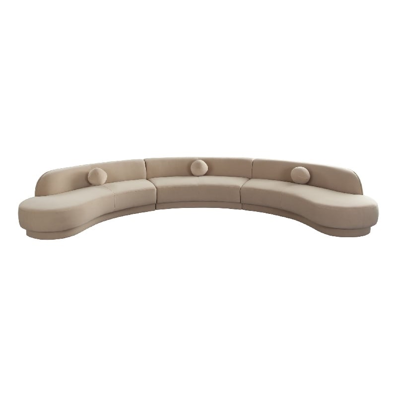 Benjara Zema 3 PC Sofa-Curved Modular Design-Camel Brown Fabric-3 Ball Pillows