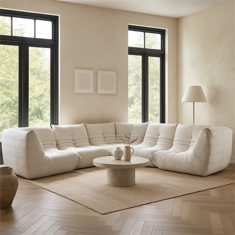 Benjara Ezee 5pc Modular L Shaped Sofa- Low Profile Floor Seating Cream