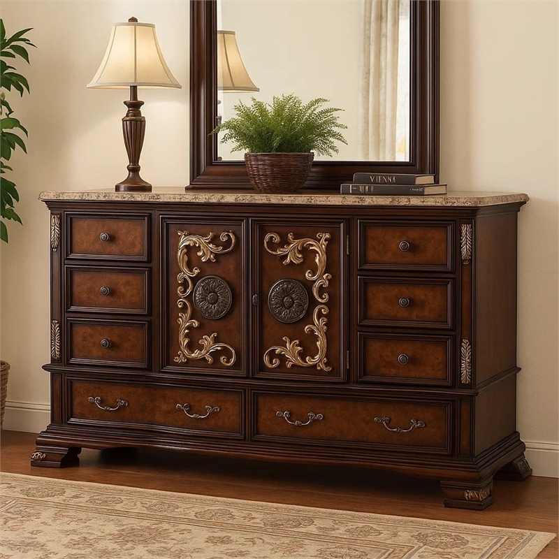 Benjara Iliana 8 Drawer Wide Dresser with 2 Door Cabinet- Dark Cherry Brown Wood