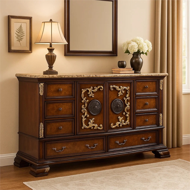 Benjara Iliana 8 Drawer Wide Dresser with 2 Door Cabinet- Dark Cherry Brown Wood