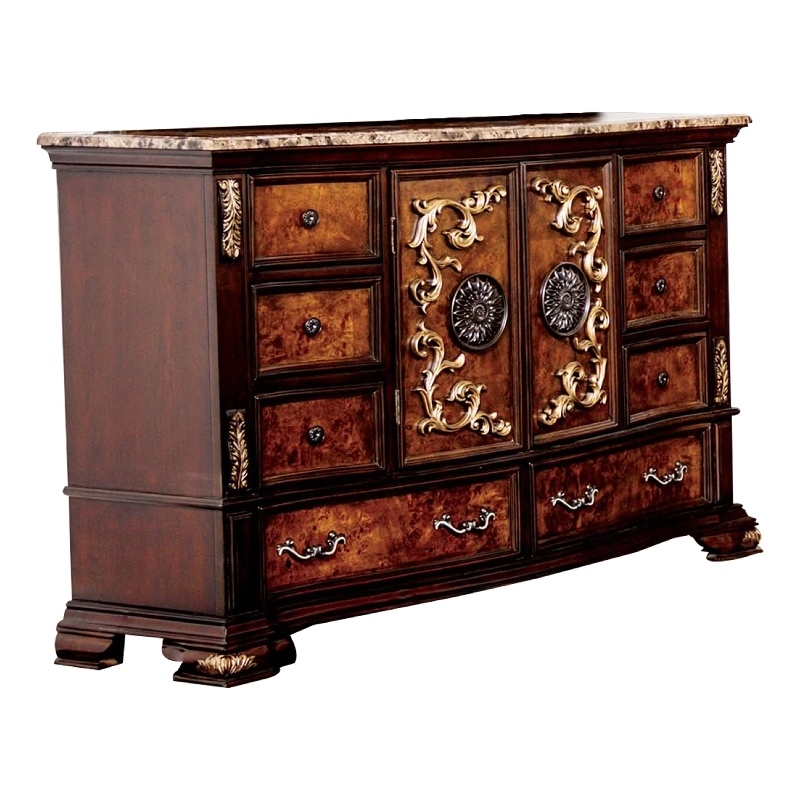Benjara Iliana 8 Drawer Wide Dresser with 2 Door Cabinet- Dark Cherry Brown Wood