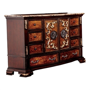 Benjara Iliana 8 Drawer Wide Dresser with 2 Door Cabinet- Dark Cherry Brown Wood