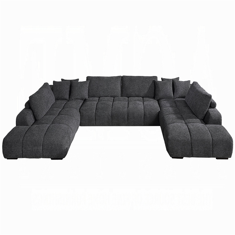 Benjara Cloe U Sectional Sofa- 3 Accent Pillows- Gray Linen Fabric- 149 Inch