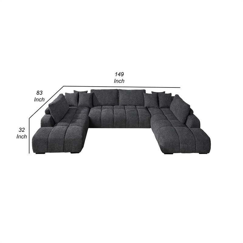 Benjara Cloe U Sectional Sofa- 3 Accent Pillows- Gray Linen Fabric- 149 Inch