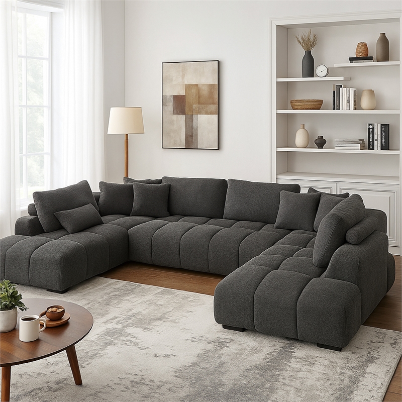 Benjara Cloe U Sectional Sofa- 3 Accent Pillows- Gray Linen Fabric- 149 Inch