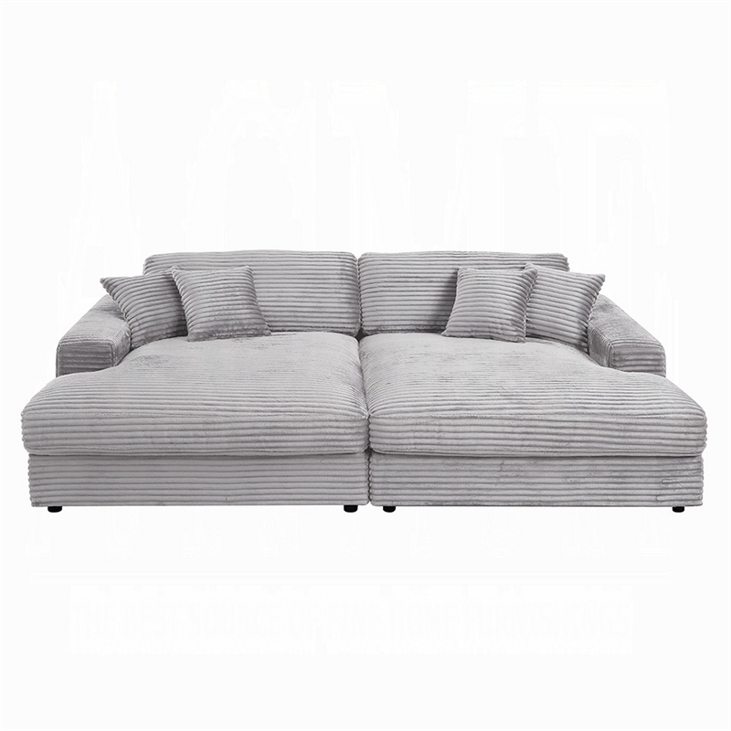 Benjara Liny 2pc Sectional Sofa Daybed Set- 4 Throw Pillows- Light Gray Velvet