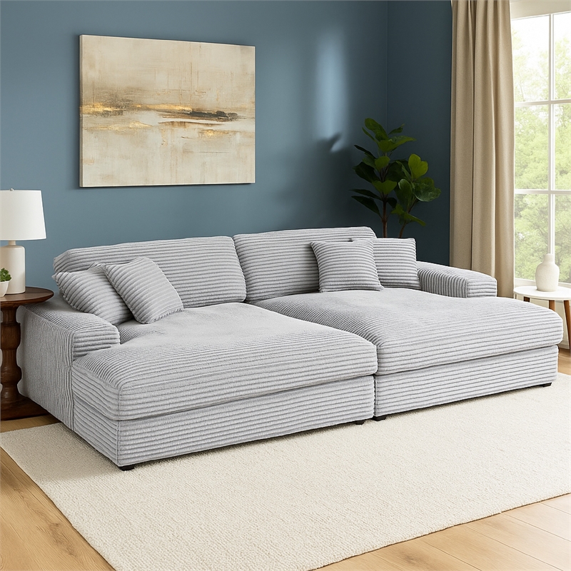 Benjara Liny 2pc Sectional Sofa Daybed Set- 4 Throw Pillows- Light Gray Velvet